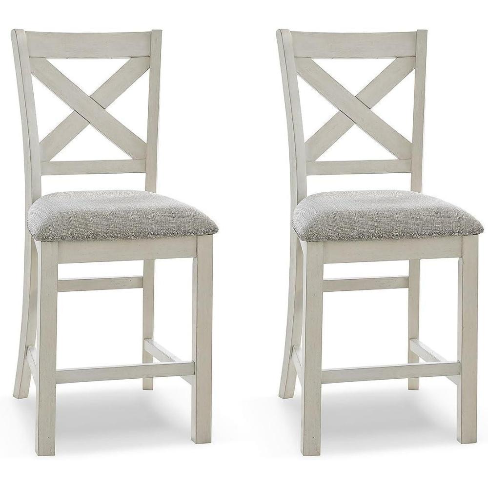 imageSignature Design by Ashley Robbinsdale Farmhouse Upholstered Barstool Set of 2 XBack Nailhead Trim Wood 2475quot H White ampamp Light GrayWhite