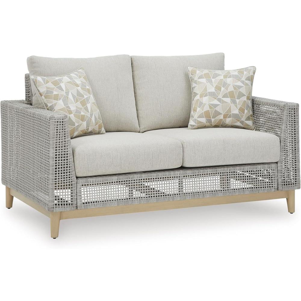 imageSignature Design by Ashley Seton Creek Cottage Nuvella Weather Resistant Fabric Outdoor Loveseat with Cushion and 2 Throw Pillows Light Brown ampamp Light GrayOutdoor Loveseat with Cushion