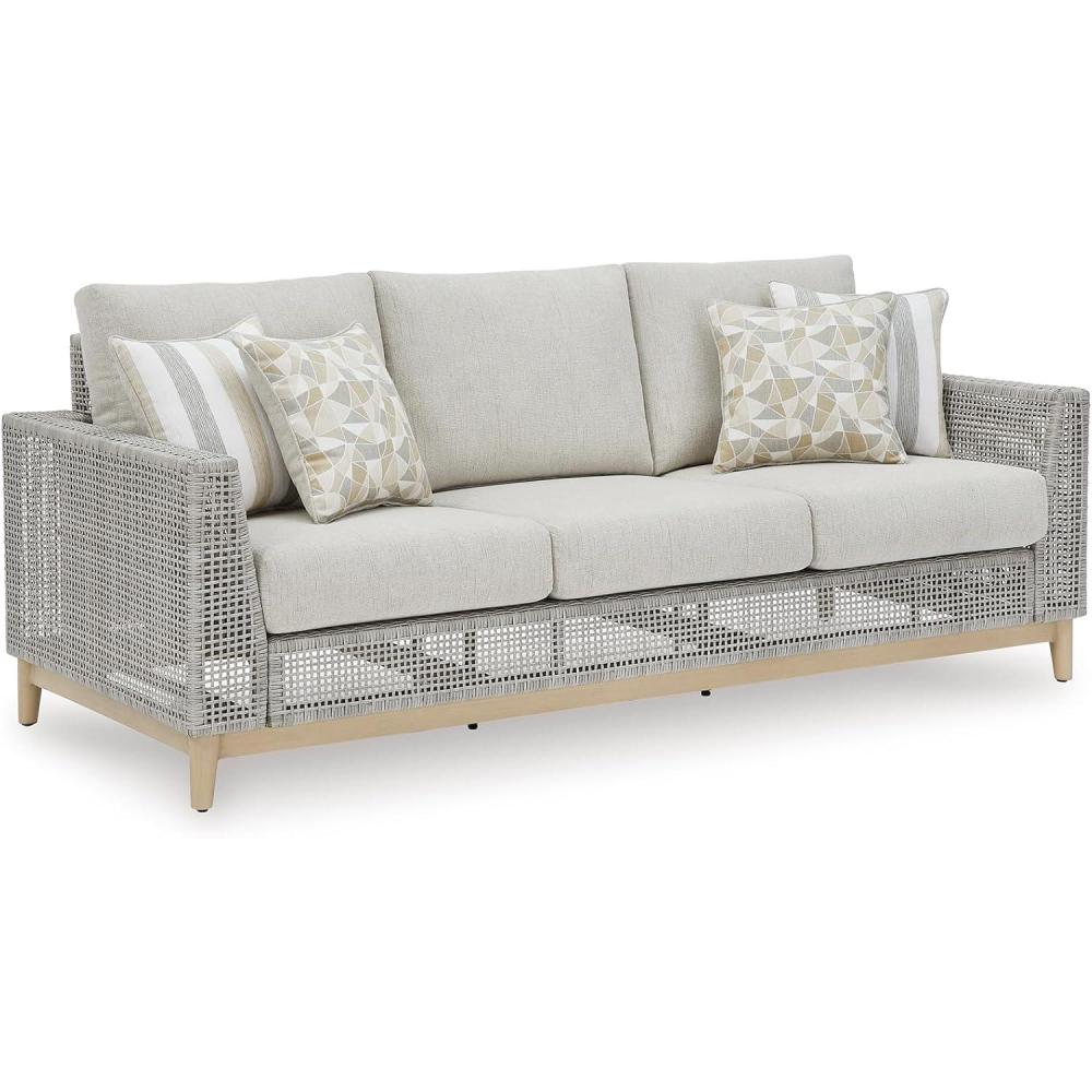imageSignature Design by Ashley Seton Creek Cottage Nuvella Weather Resistant Fabric Outdoor Loveseat with Cushion and 2 Throw Pillows Light Brown ampamp Light GrayOutdoor Sofa with Cushion