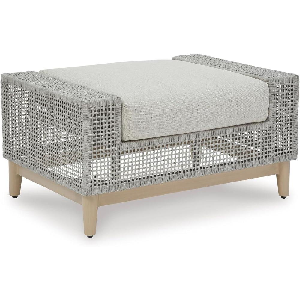 imageSignature Design by Ashley Seton Creek Cottage Nuvella Weather Resistant Fabric Outdoor Loveseat with Cushion and 2 Throw Pillows Light Brown ampamp Light GrayOutdoor Ottoman with Cushion