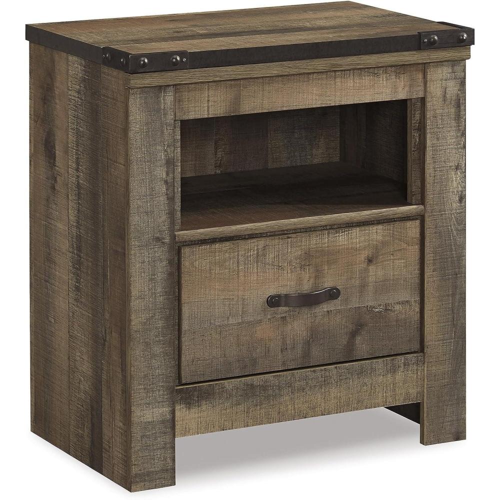 imageSignature Design by Ashley Trinell Rustic 1 Drawer Nightstand USB Charing Storage Cubby Nailhead Accents Wood 2472quot W x 1618quot D x 2622quot H Warm BrownBrown Plank