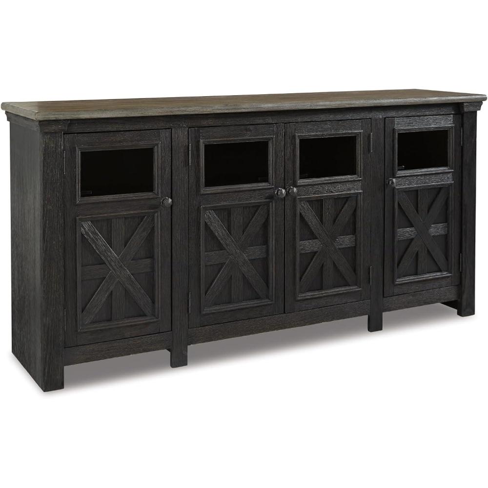 imageSignature Design by Ashley Tyler Creek Farmhouse TV Stand Fits TVs up to 72quot 4 Glass Doors 3 Adjustable Storage Shelves Dark GrayTV Stand