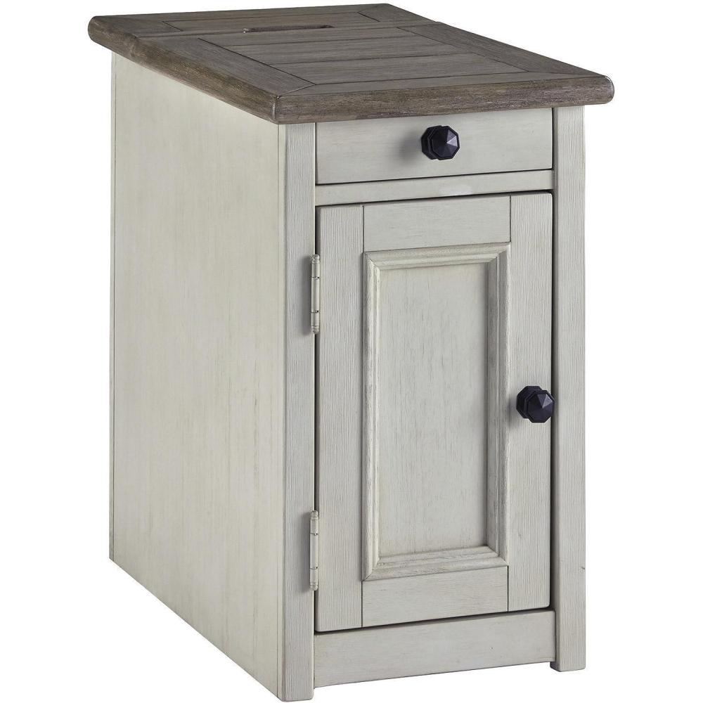 imageSignature Design by Ashley Tyler Creek Rustic Chair Side End Table with PullOut Tray ampamp USB Ports BrownWhitewash