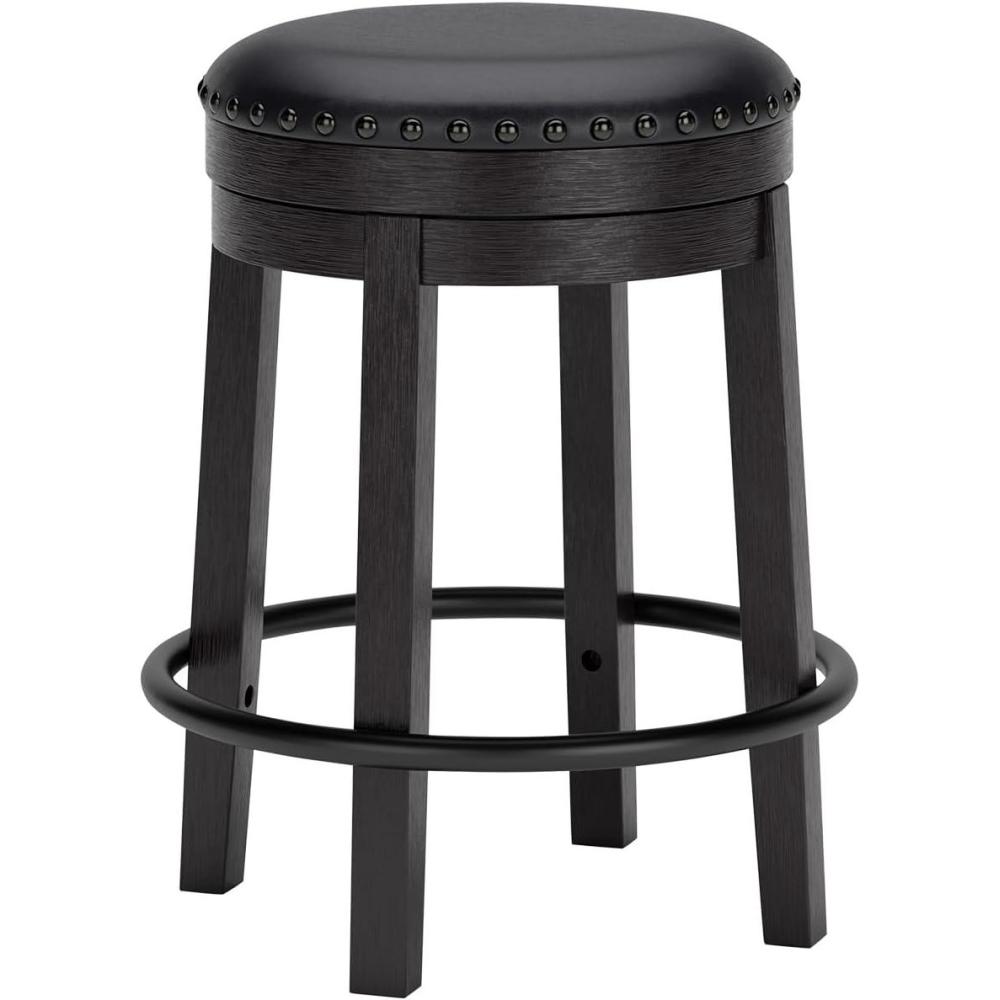 imageSignature Design by Ashley Valebeck Casual Upholstered Swivel Stool Round Metal Footrest Nailhead Trim Detail Wood 24quot White ampamp BlackBlack