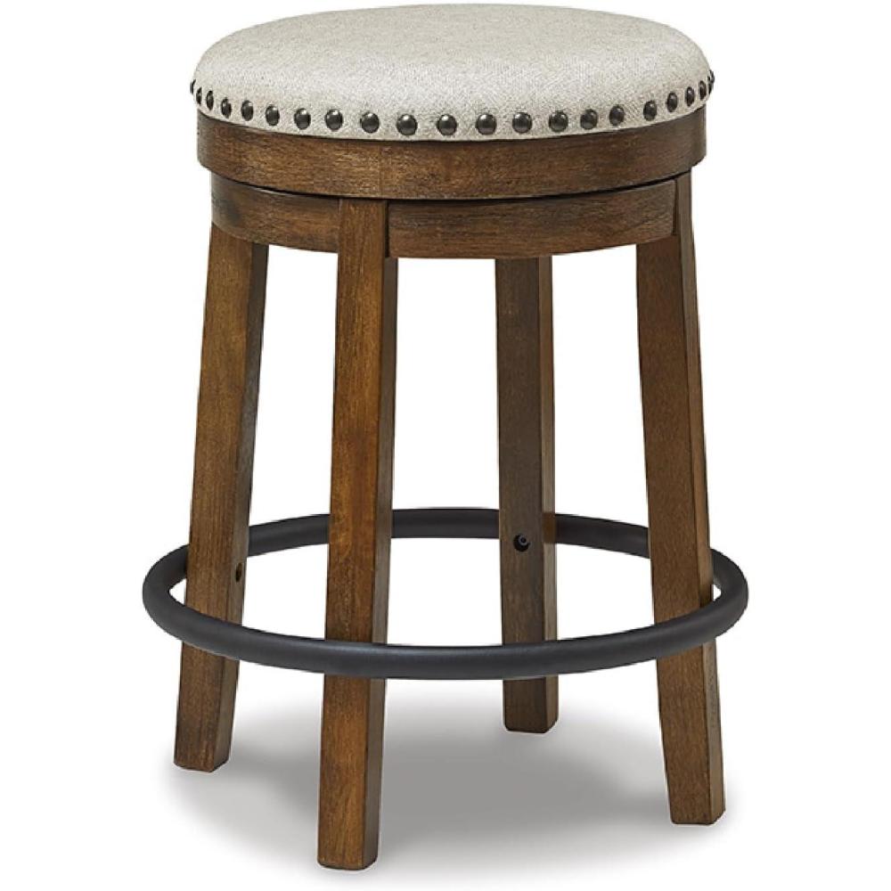 imageSignature Design by Ashley Valebeck Casual Upholstered Swivel Stool Round Metal Footrest Nailhead Trim Detail Wood 24quot White ampamp BlackDark Brown