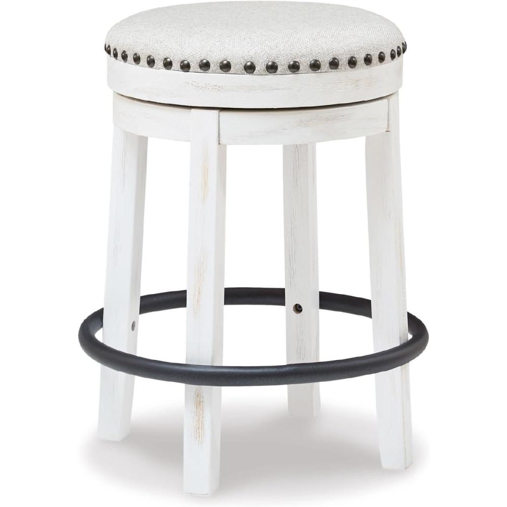 imageSignature Design by Ashley Valebeck Casual Upholstered Swivel Stool Round Metal Footrest Nailhead Trim Detail Wood 24quot White ampamp BlackWhitewash