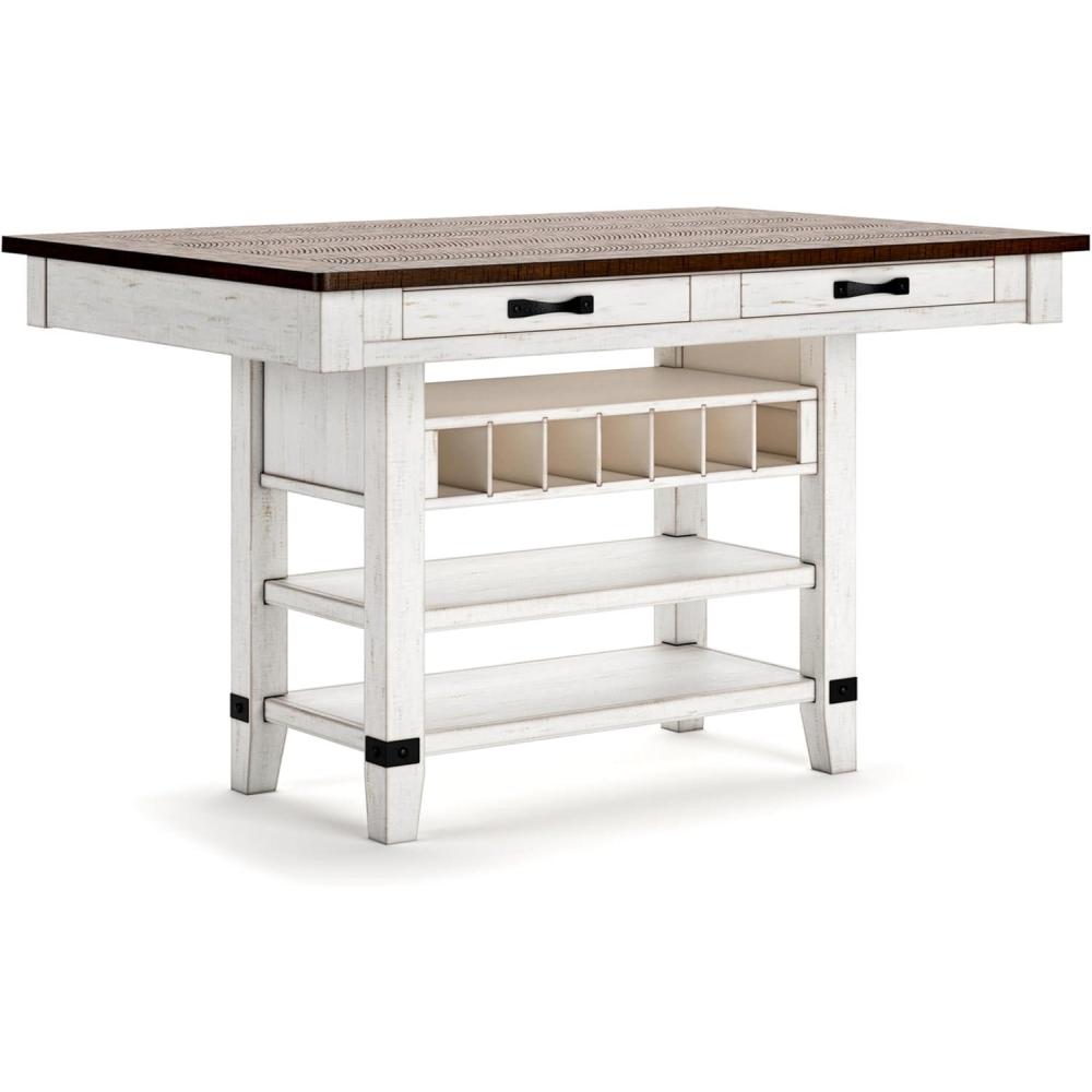 imageSignature Design by Ashley Valebeck Rectangular Dining Room Table 4 Drawers 2 Open Shelves Wine Rack Wood 60quot W x 40quot D x 3613quot H White ampamp Brown