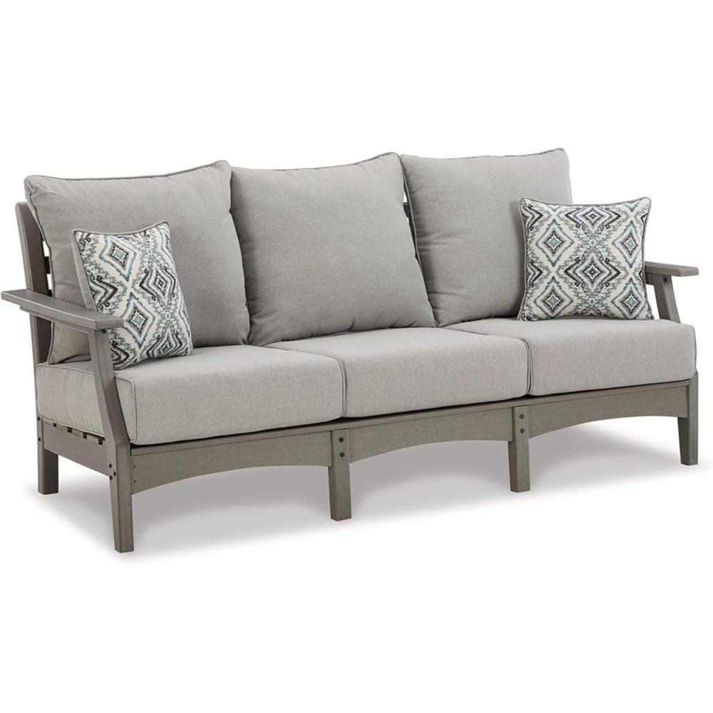 imageSignature Design by Ashley Visola Outdoor Patio Sofa with AllWeather Cushion and 2 Throw Pillows Cleanable Performance Fabric 1988quot Seat Height Gray