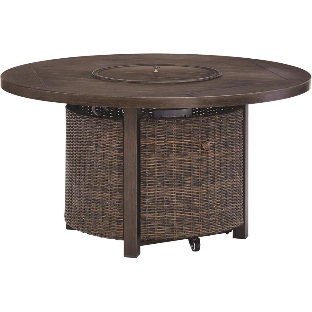 imageSignature Design by Ashley Walton Bridge Casual Outdoor Bar Table with Fire Pit and Storage Light BrownDark Brown