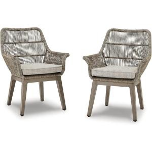 Signature Design by Ashley Beach Front Casual Outdoor Arm Chair with All-Weather Cushion, Set of 2, Resin Wicker with Aluminum Frame, 18.5″ Seat Height, Beige