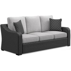 Signature Design by Ashley Beachcroft Casual Nuvella Weather Resistant Fabric, Resin Wicker Outdoor Loveseat with Cushion and 2 Accent Pillows, Dark Brown & Beige(Grey)