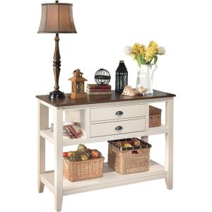 Signature Design by Ashley Bolanburg French Country Dining Room Server, 3 Doors, 2 Adjustable Shelves, Wood, 57.88″ W x 18.13″ D x 36″ H, 2-tone White & Brown(Traditional)