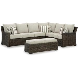 Signature Design by Ashley Brook Ranch Casual Nuvella Weather Resistant Fabric Right Hand Facing Outdoor Sofa Sectional/Bench with Cushion and 6 Throw Pillows, Set of 3, Beige & Dark Brown