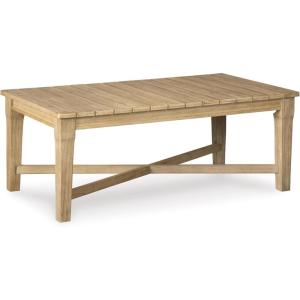 Signature Design by Ashley Carter Hall Outdoor Eucalyptus Wood Patio Sofa – Cushioned with UV-Resistant Nuvella Fabric, 5-Step Protective Finish, Beige(Linen)