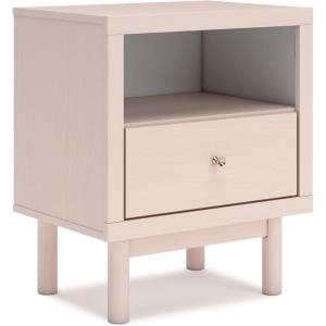 Signature Design by Ashley Cielden Farmhouse 1 Drawer Nightstand with Open Shelf, LED Lights, Wireless Charging and USB Ports, 25″ Tall, Light Brown(Pink)