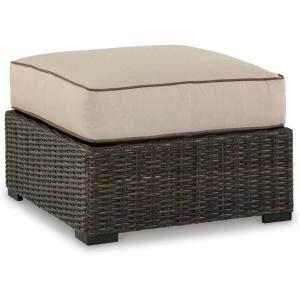 Signature Design by Ashley Coastline Bay Casual Outdoor Swivel Lounge with Cushion and 2 Cup Holders, Nuvella Weather Resistant Fabric, Beige & Dark Brown(Outdoor Ottoman with Cushion)