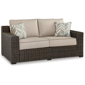Signature Design by Ashley Coastline Bay Casual Outdoor Swivel Lounge with Cushion and 2 Cup Holders, Nuvella Weather Resistant Fabric, Beige & Dark Brown(Outdoor Loveseat with Cushion)