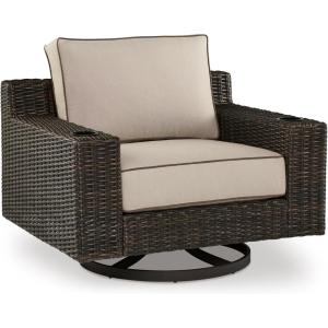 Signature Design by Ashley Coastline Bay Casual Outdoor Swivel Lounge with Cushion and 2 Cup Holders, Nuvella Weather Resistant Fabric, Beige & Dark Brown(Outdoor Swivel Lounge with Cushion)