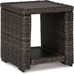 Signature Design by Ashley Grasson Lane Outdoor Wicker Cocktail Table with Aluminum Frame, Brown(Brown)