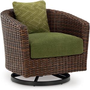 Signature Design by Ashley Horizon Hall Casual Nuvella Weather Resistant Fabric Outdoor Swivel Lounge Chair with Cushion and 1 Throw Pillow, Green & Dark Brown
