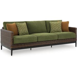 Signature Design by Ashley Horizon Hall Vintage Outdoor Nuvella Weather Resistant Fabric, Resin Wicker Sofa with Cushion and 2 Accent Pillows, Green & Dark Brown(Outdoor Sofa with Cushion)