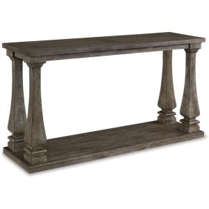 Signature Design by Ashley Johnelle Casual Sofa Table, Plank-look Framed Tabletop, Weathered Finish, Elm Veneers and Wood, 60″ W x 18″ D x 31.88″ H, Gray(Grey)