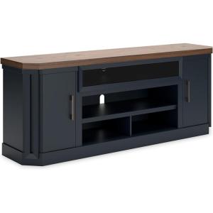 Signature Design by Ashley Landocken Contemporary 83″ TV Stand for TVs up to 95″ with Fireplace Option, 2 Cabinets, 2 Doors, 2 Adjustable Shelves, Open Cubbies and Cord Openings, Dark Brown & Blue