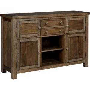 Signature Design by Ashley Moriville Vintage Casual Dining Room Buffet or Server with 4 Cabinets & Center Display Shelf, 2 Drawers, Wood, 56″ Wide, Brown(Brown)