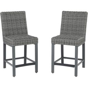 Signature Design by Ashley Paradise Trail Outdoor Bar Stools with Footrest, Armless, Aluminum Legs, Set of 2, Woven Resin Wicker, 27.5″ Seat Height, Brown(Grey)