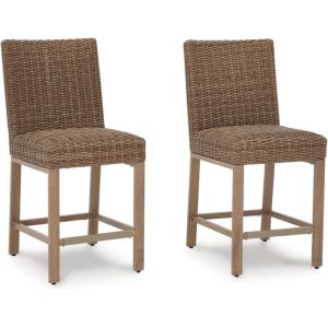 Signature Design by Ashley Paradise Trail Outdoor Bar Stools with Footrest, Armless, Aluminum Legs, Set of 2, Woven Resin Wicker, 27.5″ Seat Height, Brown(Light Brown)