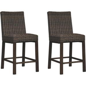 Signature Design by Ashley Paradise Trail Outdoor Bar Stools with Footrest, Armless, Aluminum Legs, Set of 2, Woven Resin Wicker, 27.5″ Seat Height, Brown(Brown)