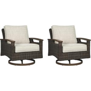 Signature Design by Ashley Paradise Trail Outdoor Swivel Upholstered Lounge Chair with All Weather Cushion, Set of 2, Cleanable Performance Fabric, Beige(Swivel Lounge Chair (Set of 2))