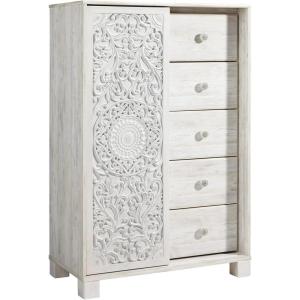 Signature Design by Ashley Paxberry Boho 5 Drawer Dressing Chest with Slider Door & 3 Adjustable Shelves, Whitewash(Whitewash)