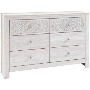 Signature Design by Ashley Paxberry Boho 6 Drawer Dresser, Smooth-gliding Faux Laminate Lined Drawers, Wood, 61.26″ W x 15.83″ D x 40″ H, Whitewash(Whitewash)