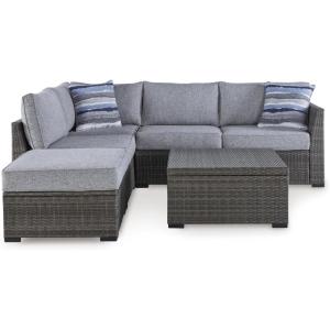 Signature Design by Ashley Petal Road Casual Nuvella Weather Resistant Fabric, Cushioned Outdoor Loveseat Sectional/Ottoman/Table Set with 2 Throw Pillows, Set of 4, Gray