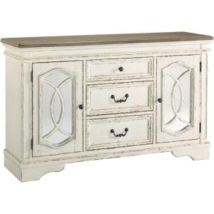 Signature Design by Ashley Realyn French Country Distressed Dining Room Server, 3 Drawers, 2 Cabinet Doors, Wood, 59″ W x 17″ D x 36.5″ H, Chipped White(Whitewash)