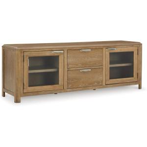 Signature Design by Ashley Rencott Contemporary 2-Drawer 80″ TV Stand for TVs up to 91″ with Adjustable Shelves, Cabinets, Cord Openings, Light Brown