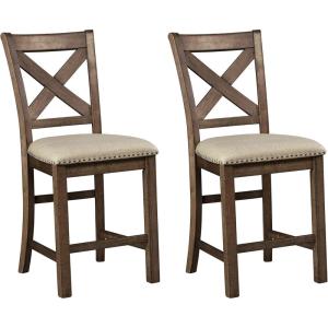 Signature Design by Ashley Robbinsdale Farmhouse Upholstered Barstool, Set of 2, X-Back, Nailhead Trim, Wood, 24.75″ H, White & Light Gray(Brown)