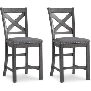 Signature Design by Ashley Robbinsdale Farmhouse Upholstered Barstool, Set of 2, X-Back, Nailhead Trim, Wood, 24.75″ H, White & Light Gray(Grey)