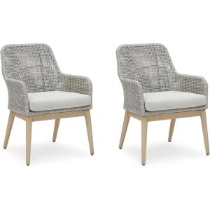 Signature Design by Ashley Seton Creek Cottage Nuvella Weather Resistant Fabric Outdoor Dining Arm Chair with Cushion, Set of 2, Light Brown & Light Gray(Arm Chair)