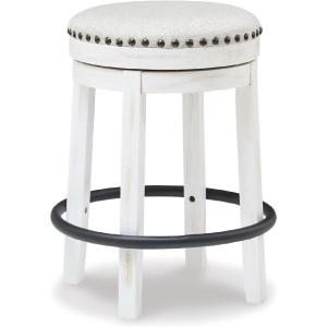 Signature Design by Ashley Valebeck Casual Upholstered Swivel Stool, Round Metal Footrest, Nailhead Trim Detail, Wood, 24″, White & Black(Whitewash)