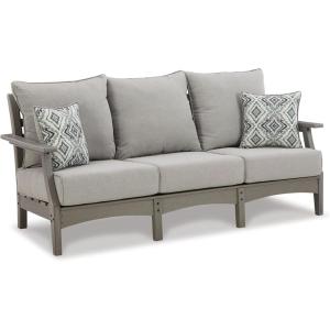 Signature Design by Ashley Visola Outdoor Patio Sofa with All-Weather Cushion and 2 Throw Pillows, Cleanable Performance Fabric, 19.88″ Seat Height, Gray