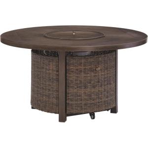 Signature Design by Ashley Walton Bridge Casual Outdoor Bar Table with Fire Pit and Storage, Light Brown(Dark Brown)