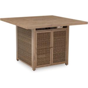 Signature Design by Ashley Walton Bridge Casual Outdoor Bar Table with Fire Pit and Storage, Light Brown(Light Brown)