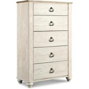 Signature Design by Ashley Willowton Shabby Chic Dressing Chest with Faux Plank Top, Whitewash(5 Drawer Dresser)