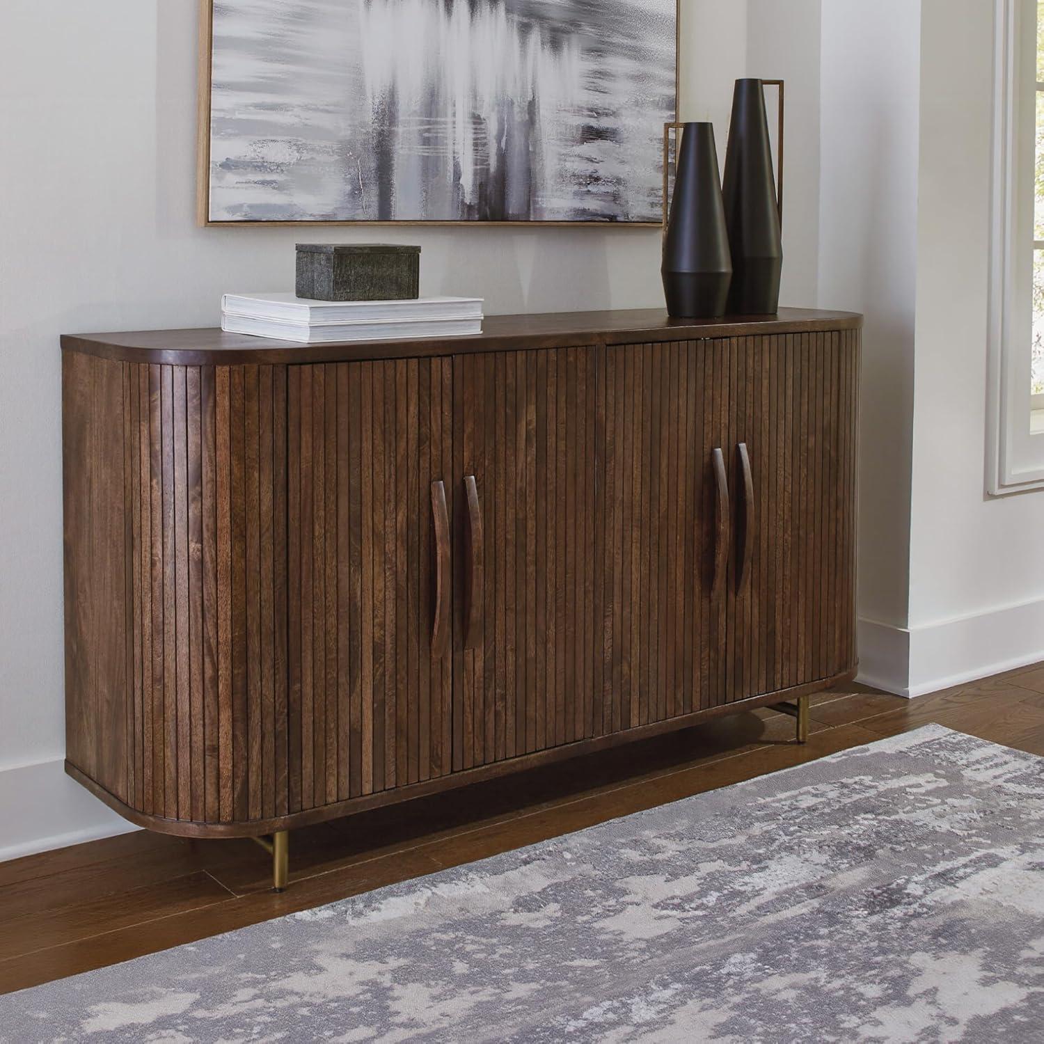 imageSignature Design by Ashley Amickly Contemporary 4Door Accent Cabinet with 2 Shelves Cord Management and Fluted Design Dark Brown