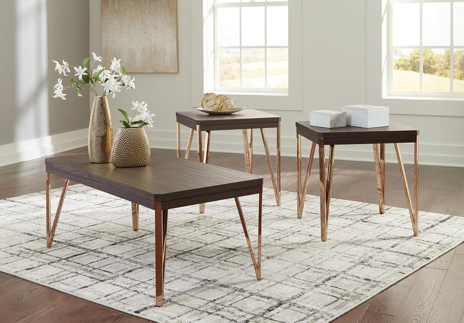 imageSignature Design by Ashley Bandyn Contemporary Occasional Table Set with Steel Legs Set of 3 Dark Brown ampamp Metallic