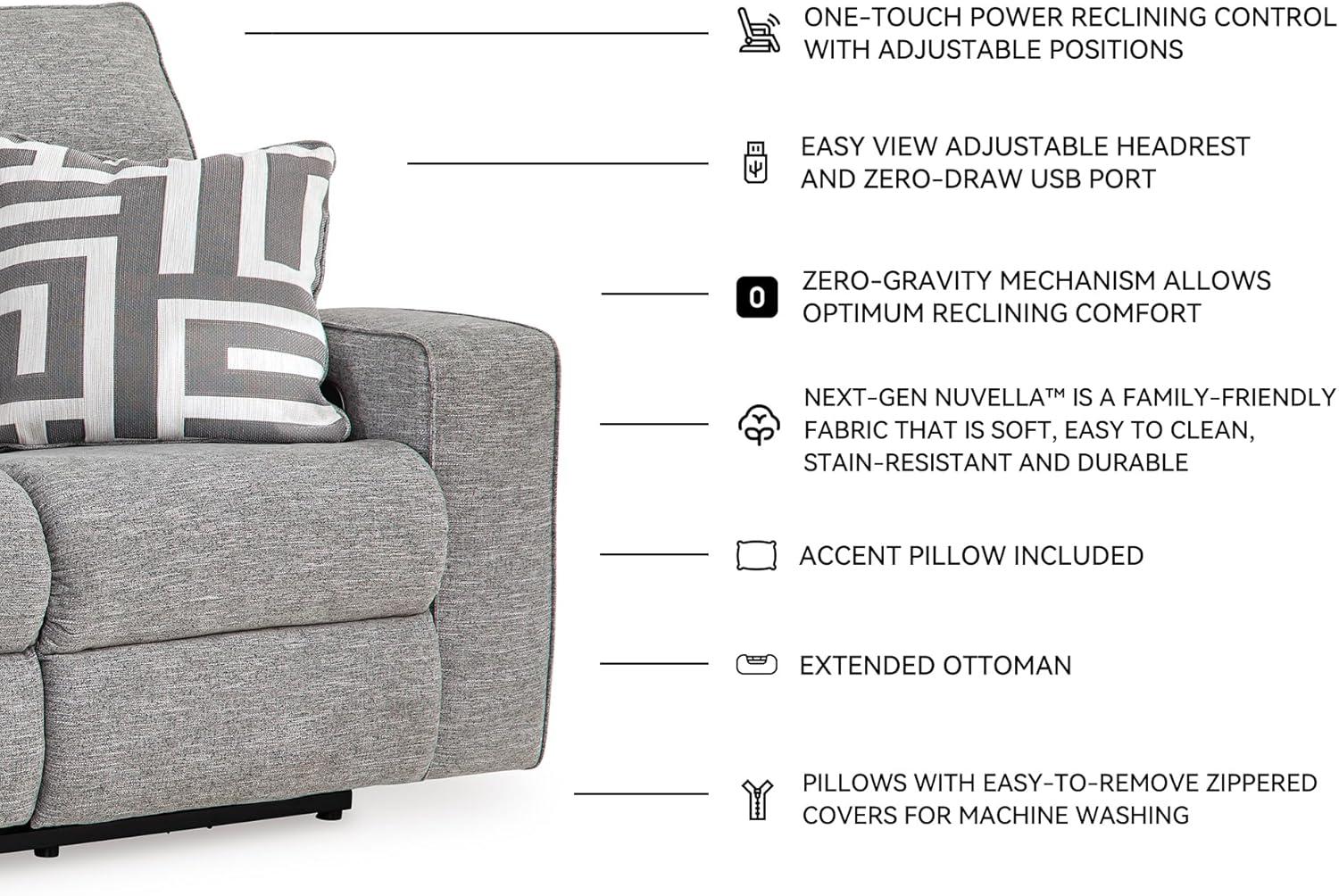 imageSignature Design by Ashley Biscoe Casual UV Resistant Power Reclining Sofa with Adjustable Headrest and USB Ports Light GraySofa