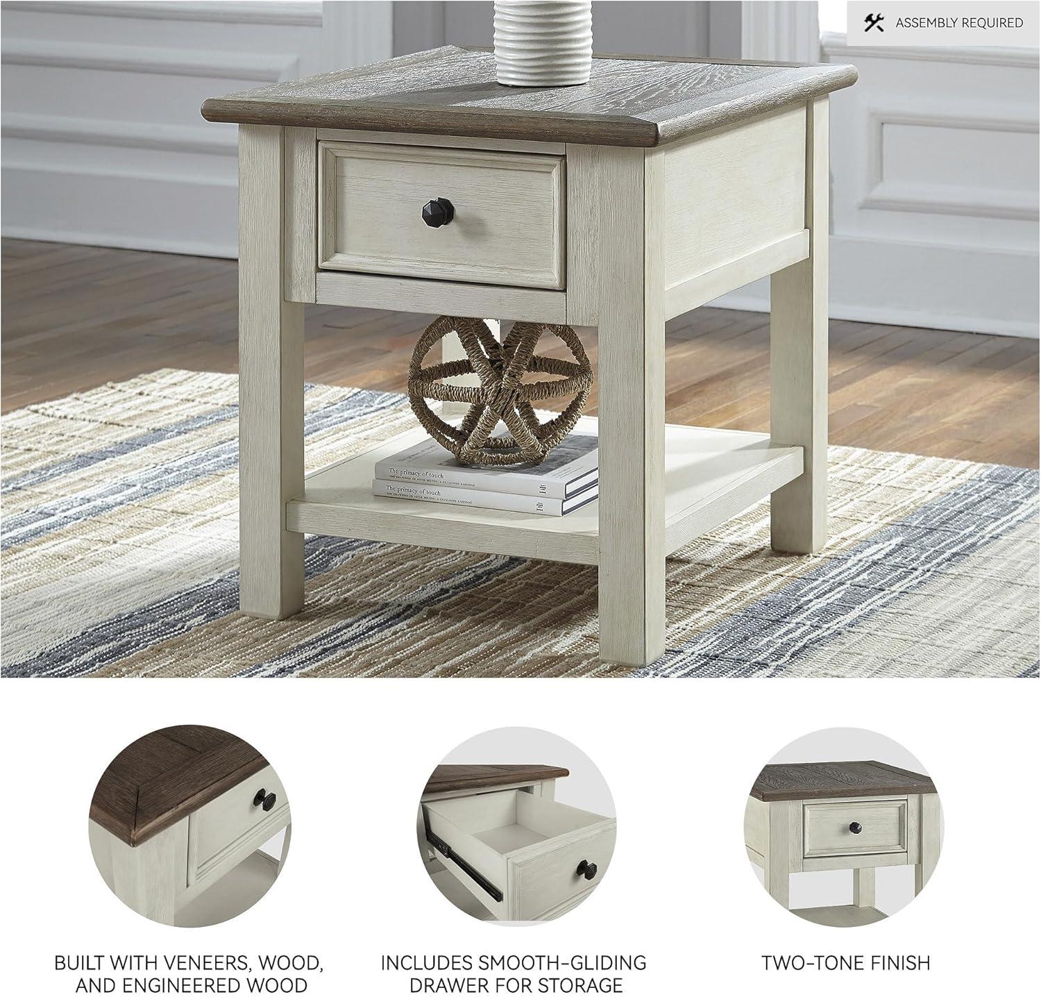 imageSignature Design by Ashley Bolanburg Farmhouse Rectangular End Table Plank Style Top Drawer Wood 24quot W x 27quot D x 25quot H 2tone Finish Antique CreamWhitewash