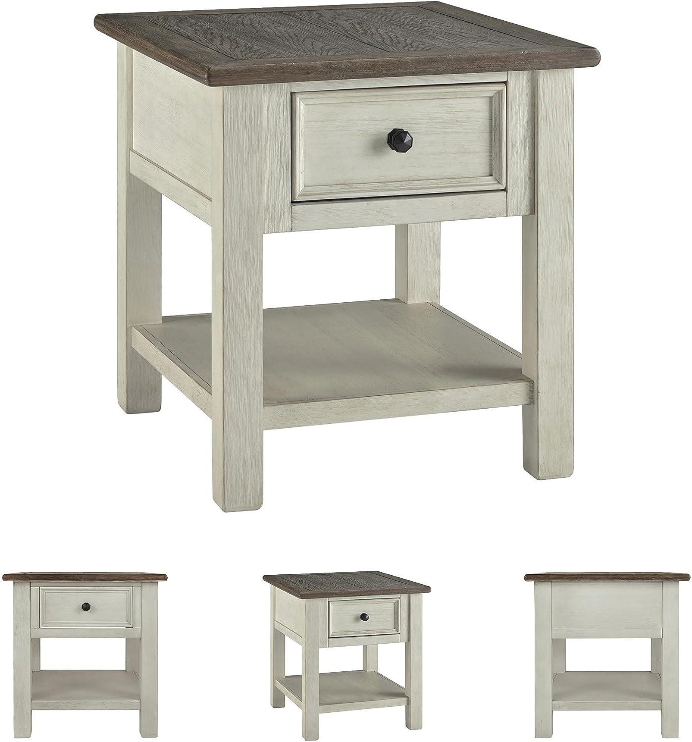 imageSignature Design by Ashley Bolanburg Farmhouse Rectangular End Table Plank Style Top Drawer Wood 24quot W x 27quot D x 25quot H 2tone Finish Antique CreamWhitewash